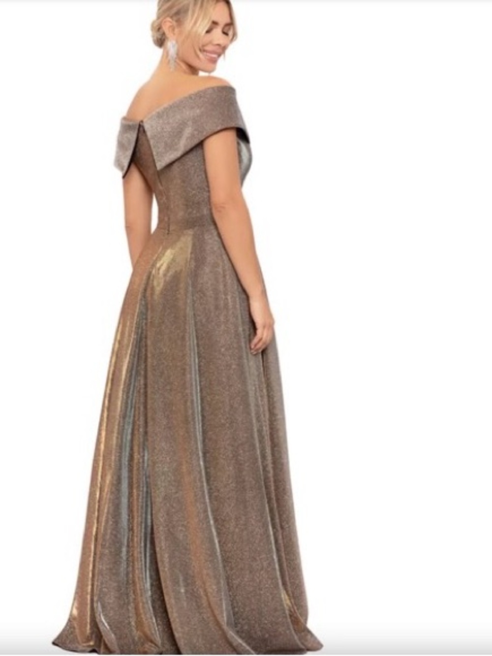 Xscape Shimmery Bronze Off-Shoulder Maxi Gown